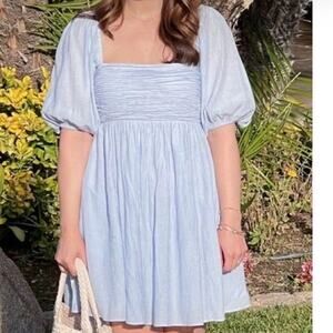 Abercrombie & Fitch Light Blue Emerson Ruched Puff Sleeve Mini Dress - Large